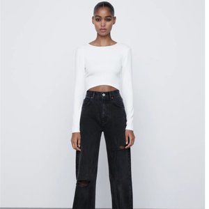 Zara Wide Leg Full Length Ripped Jeans - Black